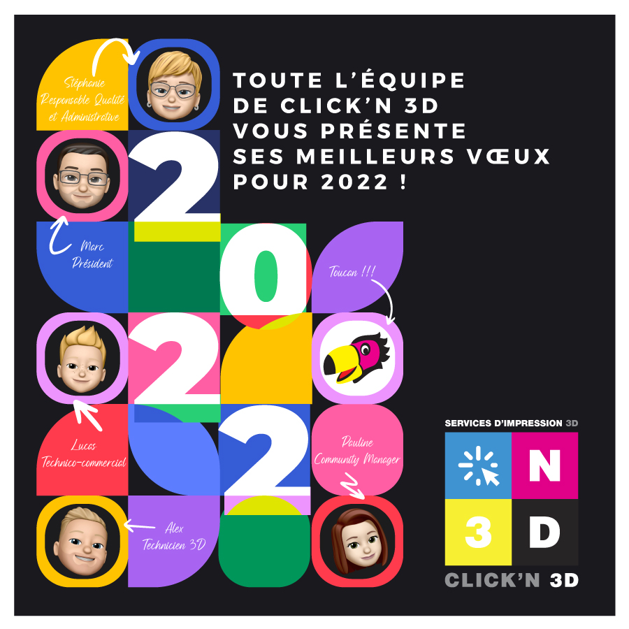 Découvrez l’équipe de Click’n 3D pour cette nouvelle année 2022 !